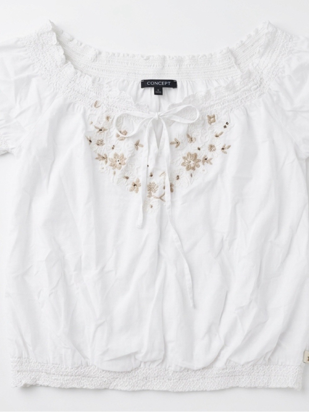 Concept White Peasant Blouse with Beige Floral Embroidery